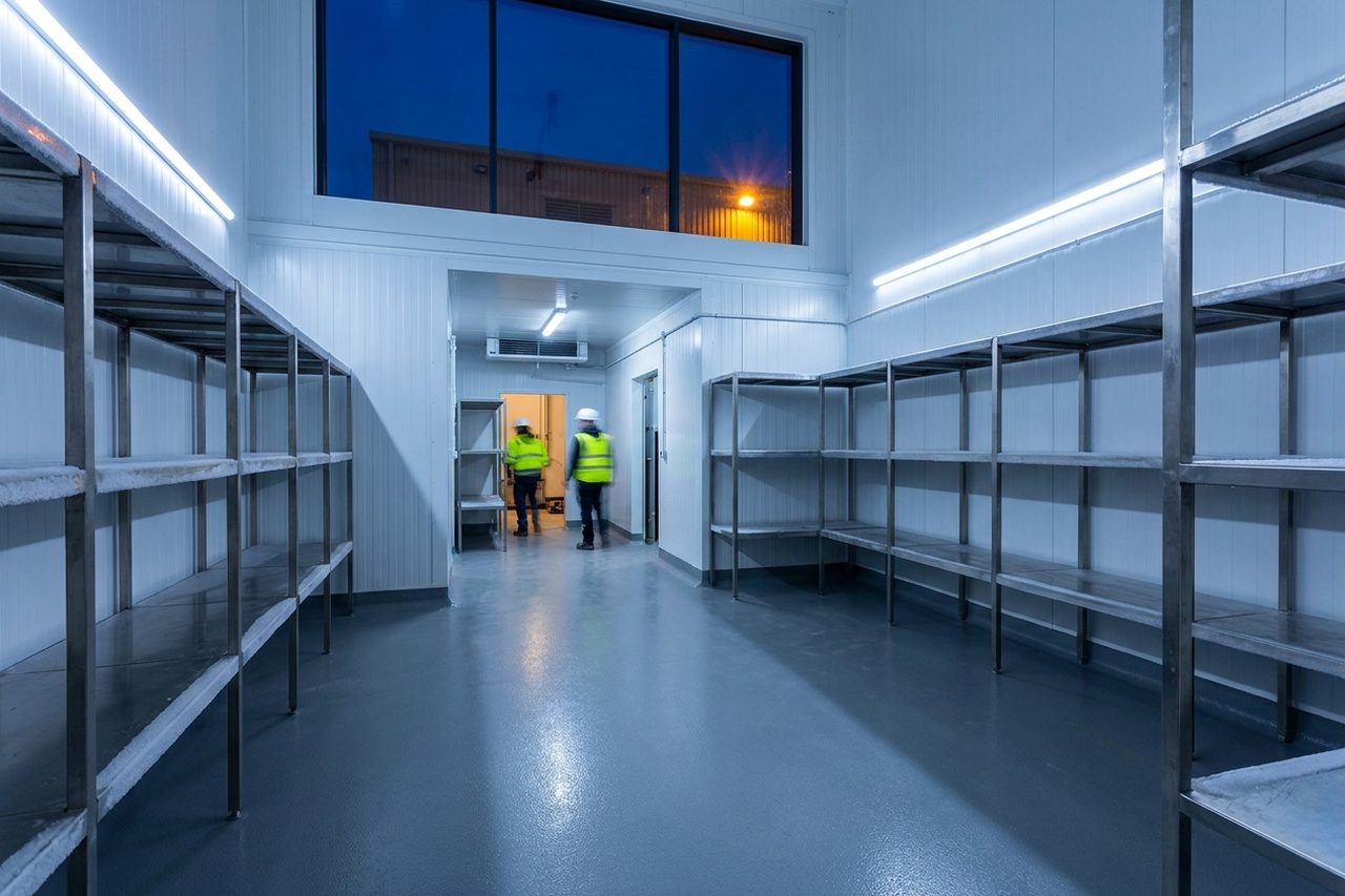 New commercial cold room — insulated panels, stainless shelving and a hygienic coved floor