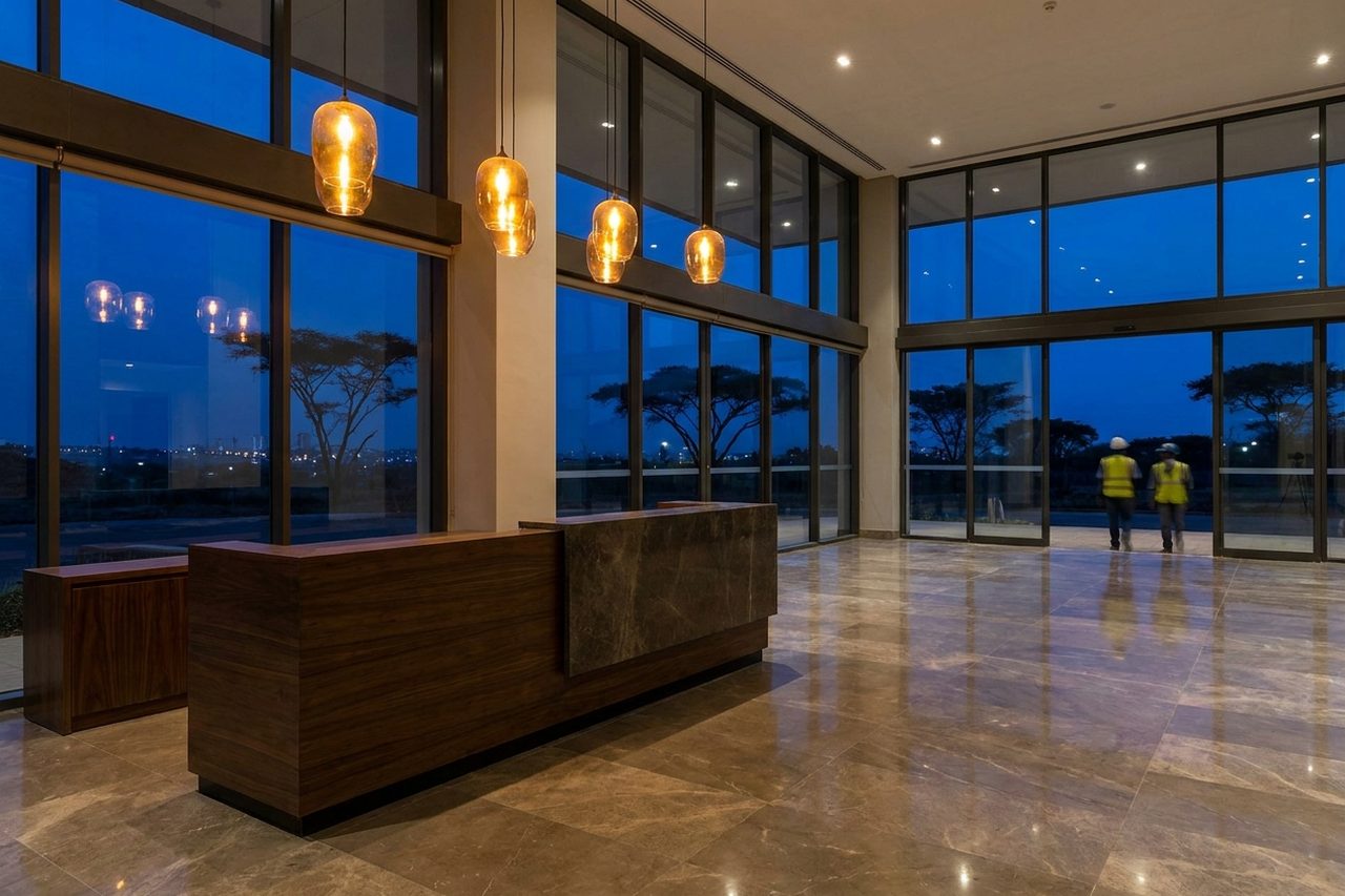Finished commercial lobby at handover — polished stone and warm lighting at dusk