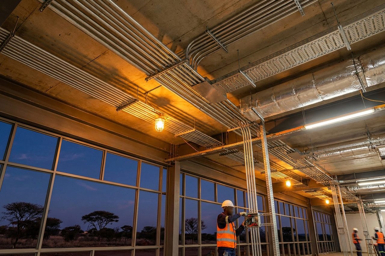 Neat electrical conduit and ductwork runs in an exposed ceiling during services installation